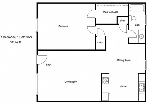Floor plan for 1 bed, 1 bath, 511 sqft